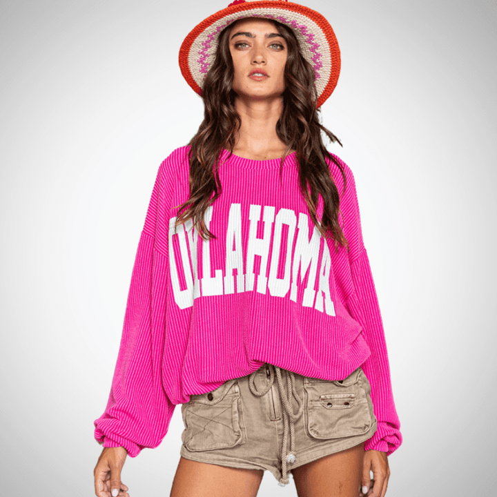 Made in USA Textured "OKLAHOMA" Graphic Oversized Game Day Textured Ribbed Sweatshirt in Fuchsia with Crew Neck and Long Sleeves  | Bucket List Style T1770