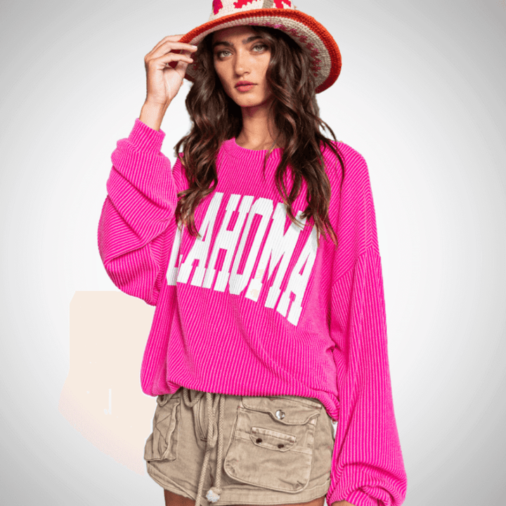 Made in USA Textured "OKLAHOMA" Graphic Oversized Game Day Textured Ribbed Sweatshirt in Fuchsia with Crew Neck and Long Sleeves  | Bucket List Style T1770