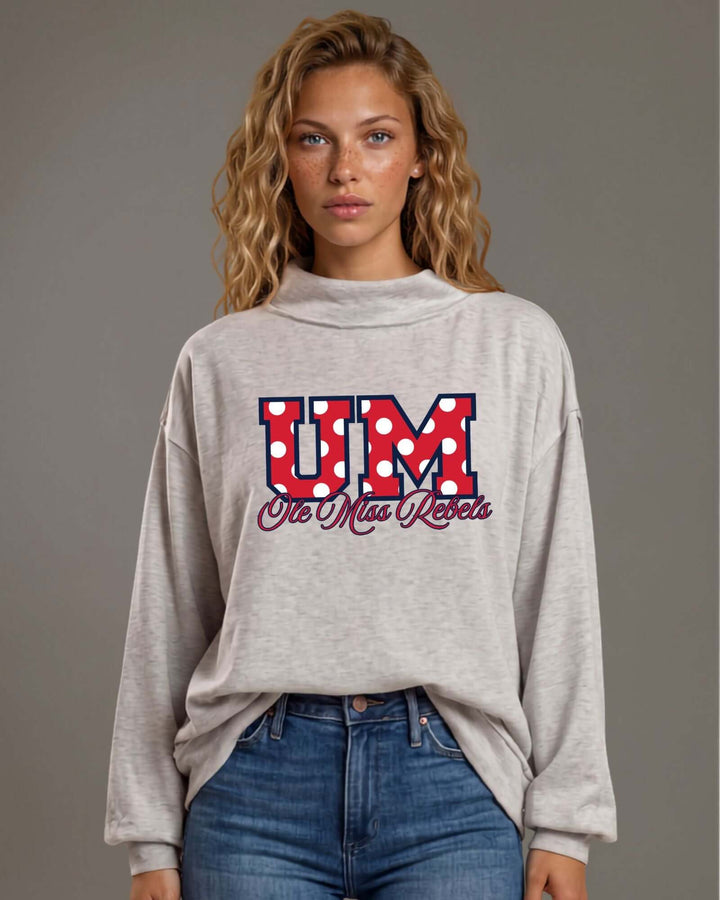 Ole Miss Rebels gameday polka dot graphic mock neck sweatshirt in heather grey. Oversized, super soft, made in USA. Perfect gameday top. Sizes S–L.