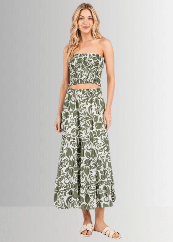 Made in USA Women's Bora Bora Rayon Challis Tropical Print Olive and Off White Flowy Midi Skirt | Classy Cozy Cool Made in America Boutique