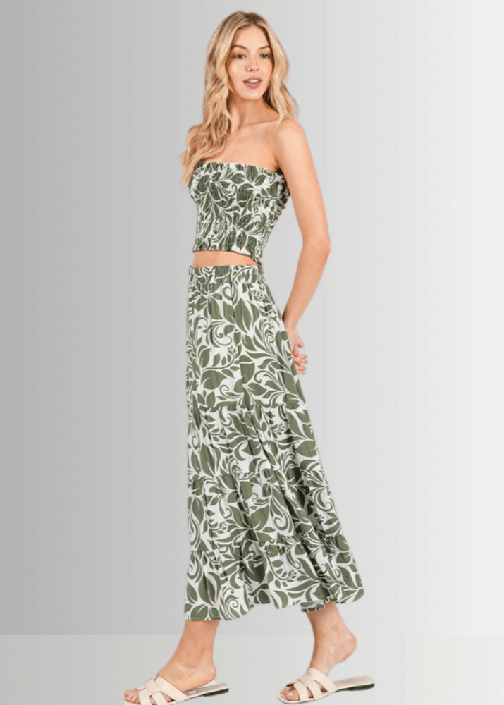 Made in USA Women's Bora Bora Rayon Challis Tropical Print Olive and Off White Flowy Midi Skirt | Classy Cozy Cool Made in America Boutique