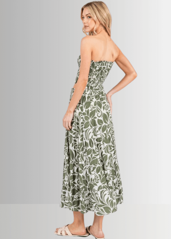 Made in USA Women's Bora Bora Rayon Challis Tropical Print Olive and Off White Flowy Midi Skirt | Classy Cozy Cool Made in America Boutique