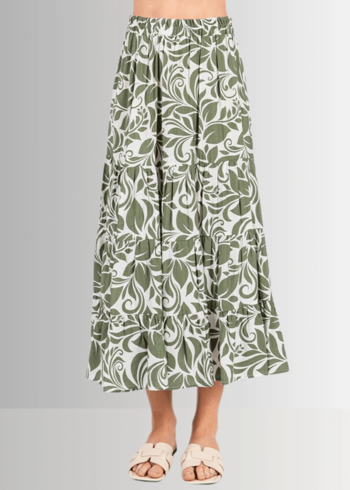 Made in USA Women's Bora Bora Rayon Challis Tropical Print Olive and Off White Flowy Midi Skirt | Classy Cozy Cool Made in America Boutique