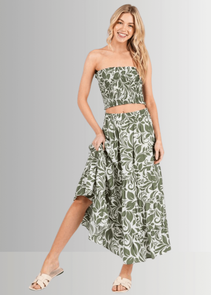 Made in USA Women's Bora Bora Rayon Challis Tropical Print Olive and Off White Flowy Midi Skirt | Classy Cozy Cool Made in America Boutique