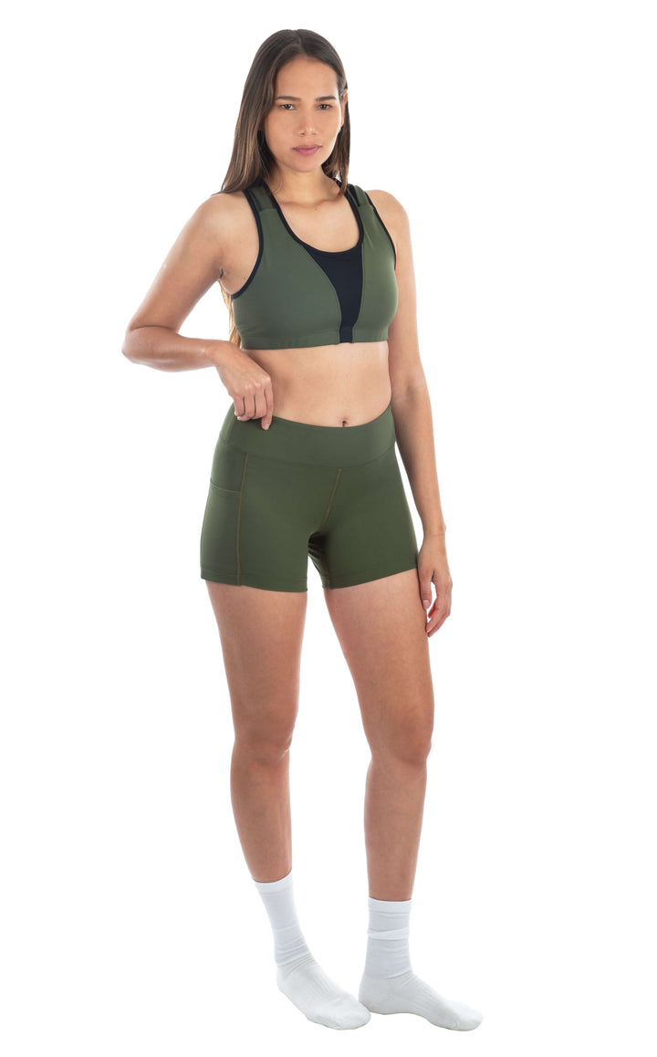 Made in USA WSI Sportswear Motion Pocketed Moisture Wicking Athletic Biker Shorts,  Flat locked seams, Side Pocket 5" Inseam,  Color: Olive Green 