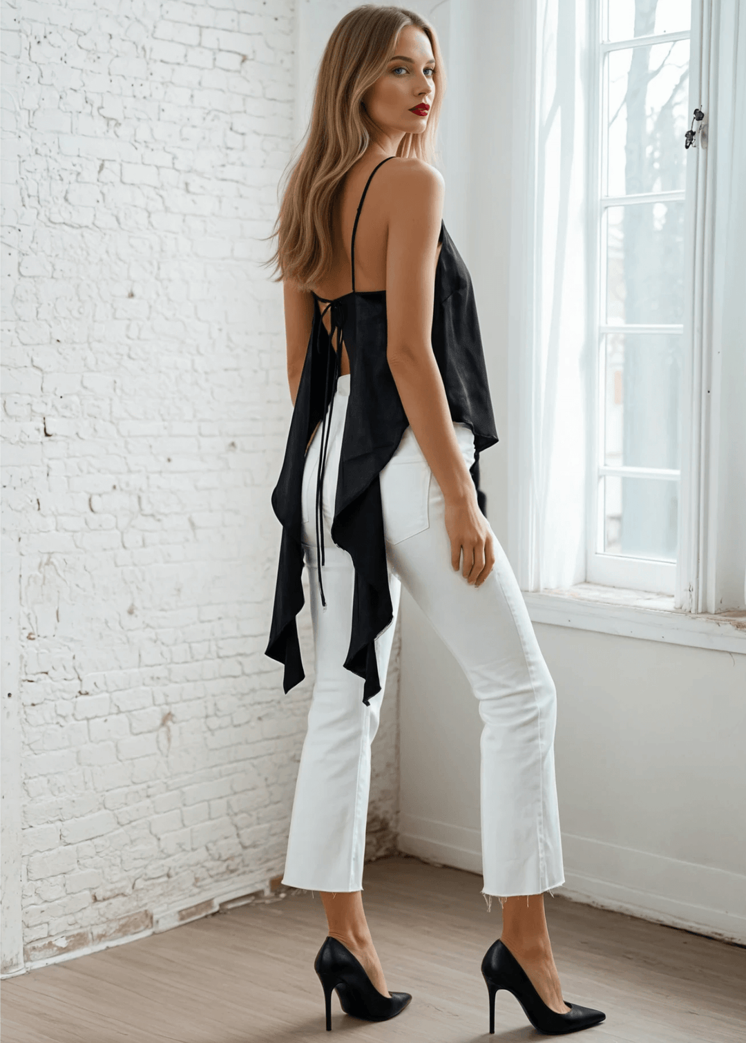 Embrace effortless edge with this sleek black satin tank. Adjustable shoulder-to-back ties let you customize the fit while the open back and lace-up detail deliver undeniable allure. A ruffled, asymmetrical hem adds movement and intrigue to every wear.