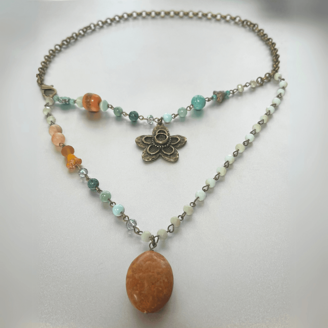 Natural Stone Jewelry Designed and Made in USA, Double Layered Bohemian Necklace with Flower and Orange Stone with Aqua Accents | Classy Cozy Cool Made in America Boutique