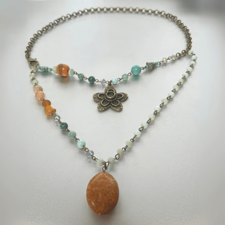 Natural Stone Jewelry Designed and Made in USA, Double Layered Bohemian Necklace with Flower and Orange Stone with Aqua Accents | Classy Cozy Cool Made in America Boutique