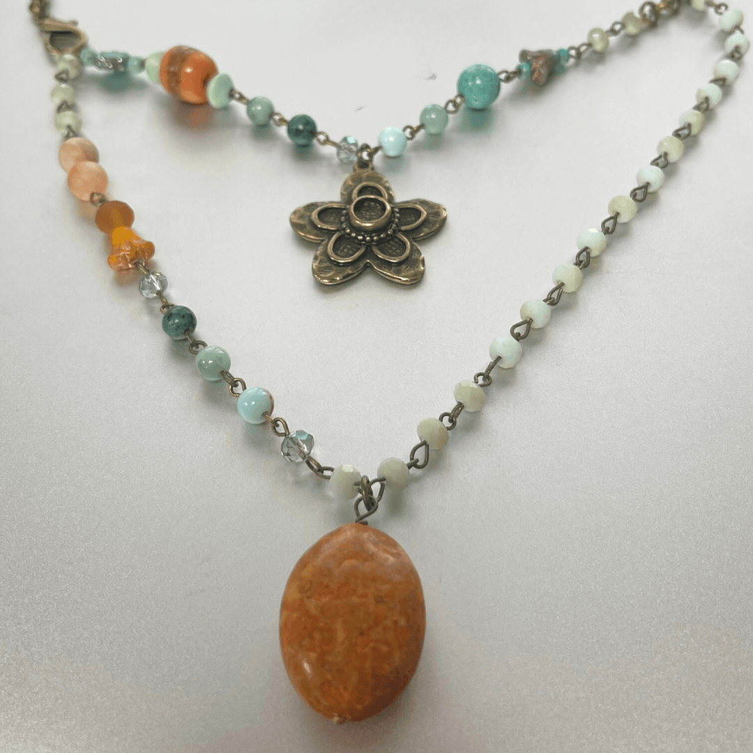 Natural Stone Jewelry Designed and Made in USA, Double Layered Bohemian Necklace with Flower and Orange Stone with Aqua Accents | Classy Cozy Cool Made in America Boutique