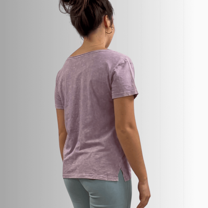 Made in USA, Jessie Tee, Women's Relaxed Fit Cotton Mineral Washed Pocket T-Shirt in Lavender with Wide Round Neckline | Classy Cozy Cool Made in America Boutique 