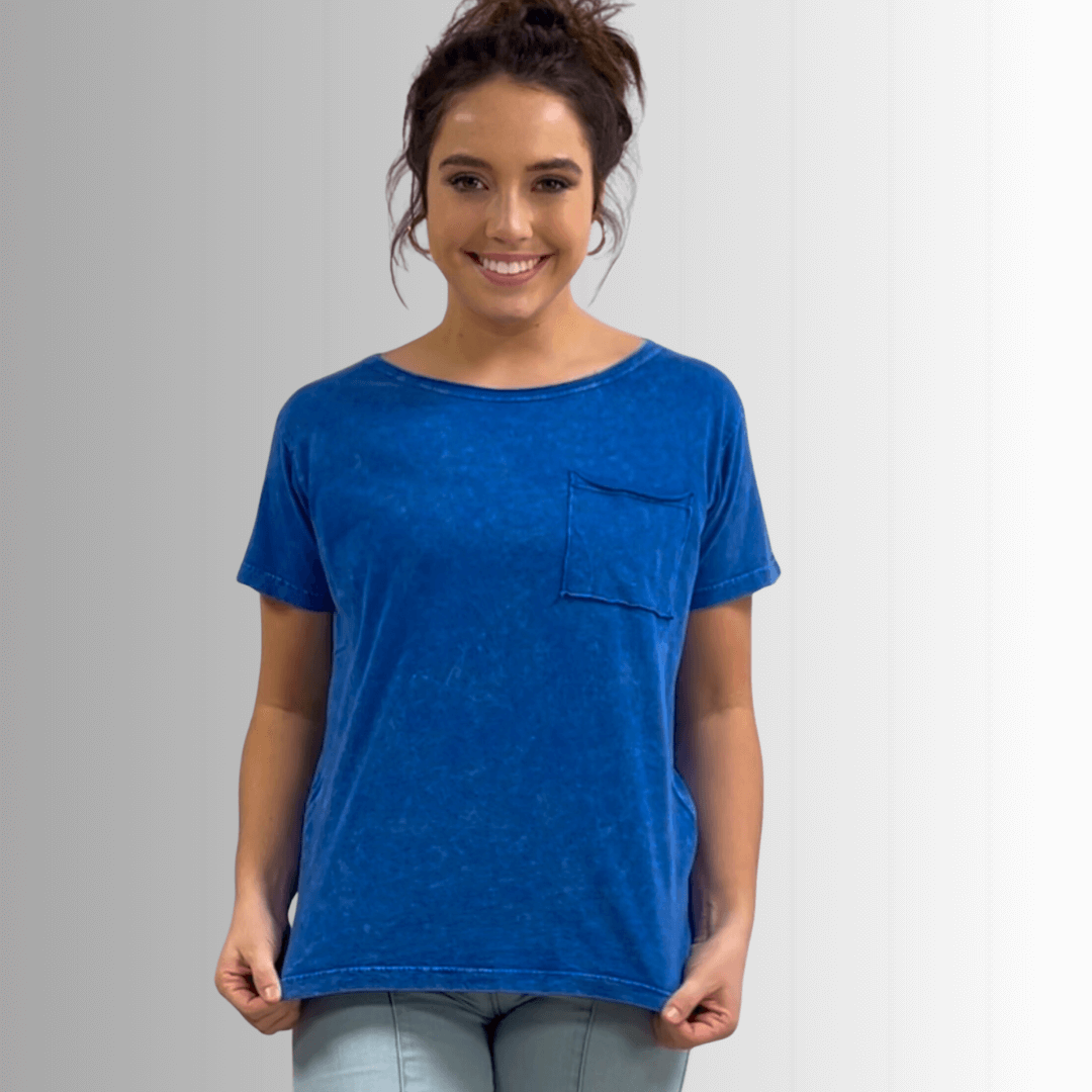 Made in USA, Jessie Tee, Women's Relaxed Fit Cotton Mineral Washed Pocket T-Shirt in Royal Blue with Wide Round Neckline | Classy Cozy Cool Made in America Boutique 