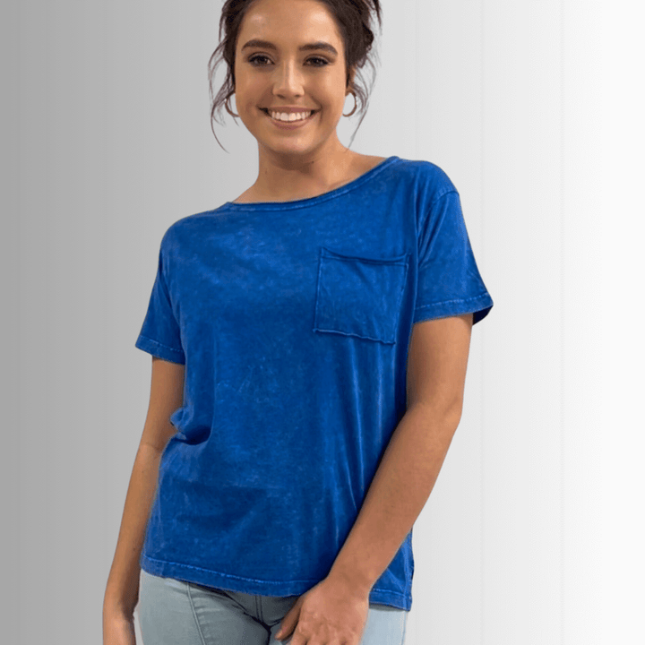 Made in USA, Jessie Tee, Women's Relaxed Fit Cotton Mineral Washed Pocket T-Shirt in Royal Blue with Wide Round Neckline | Classy Cozy Cool Made in America Boutique 