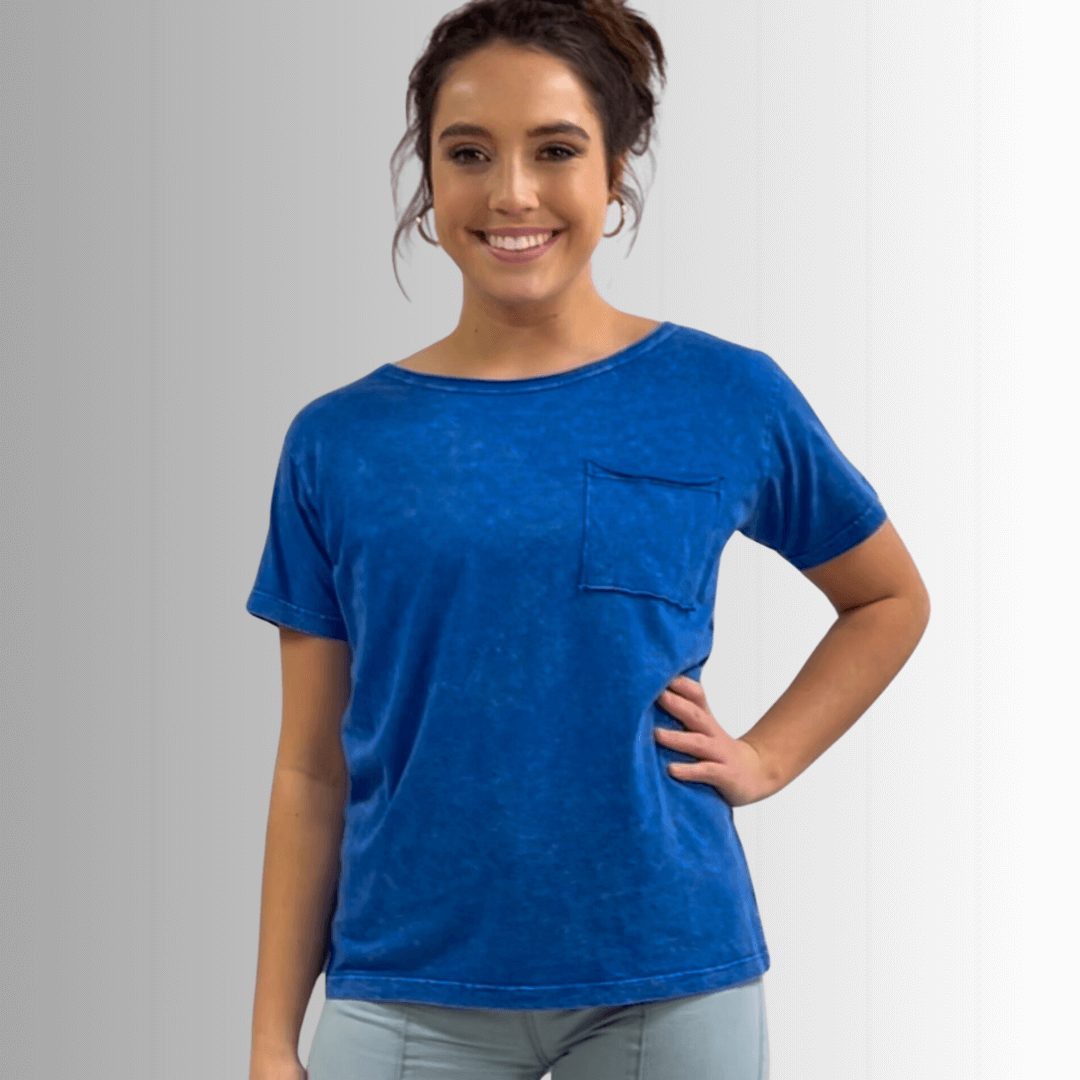 Made in USA, Jessie Tee, Women's Relaxed Fit Cotton Mineral Washed Pocket T-Shirt in Royal Blue with Wide Round Neckline | Classy Cozy Cool Made in America Boutique 