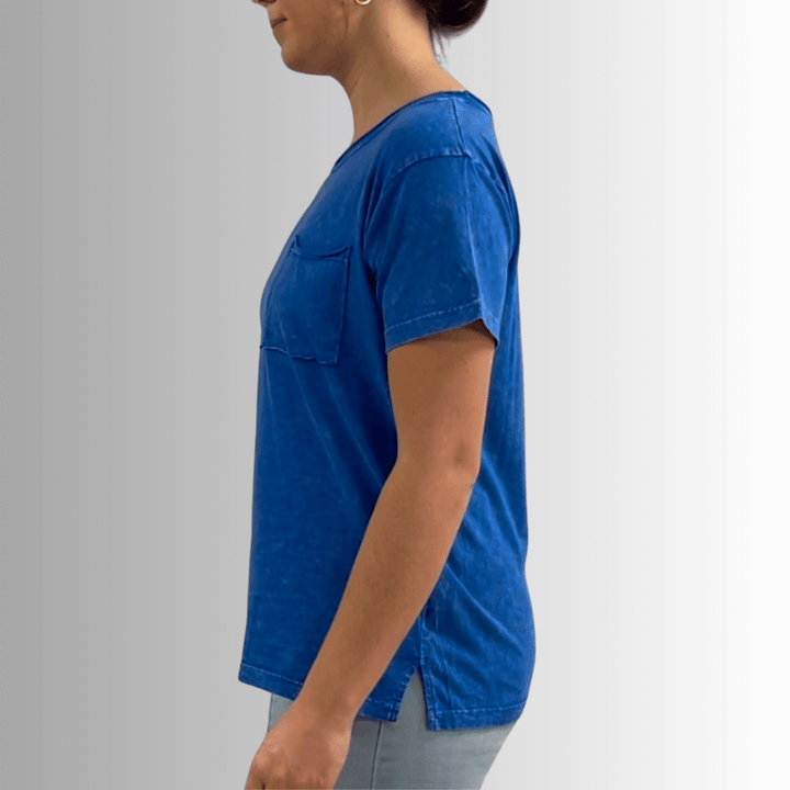 Made in USA, Jessie Tee, Women's Relaxed Fit Cotton Mineral Washed Pocket T-Shirt in Royal Blue with Wide Round Neckline | Classy Cozy Cool Made in America Boutique 