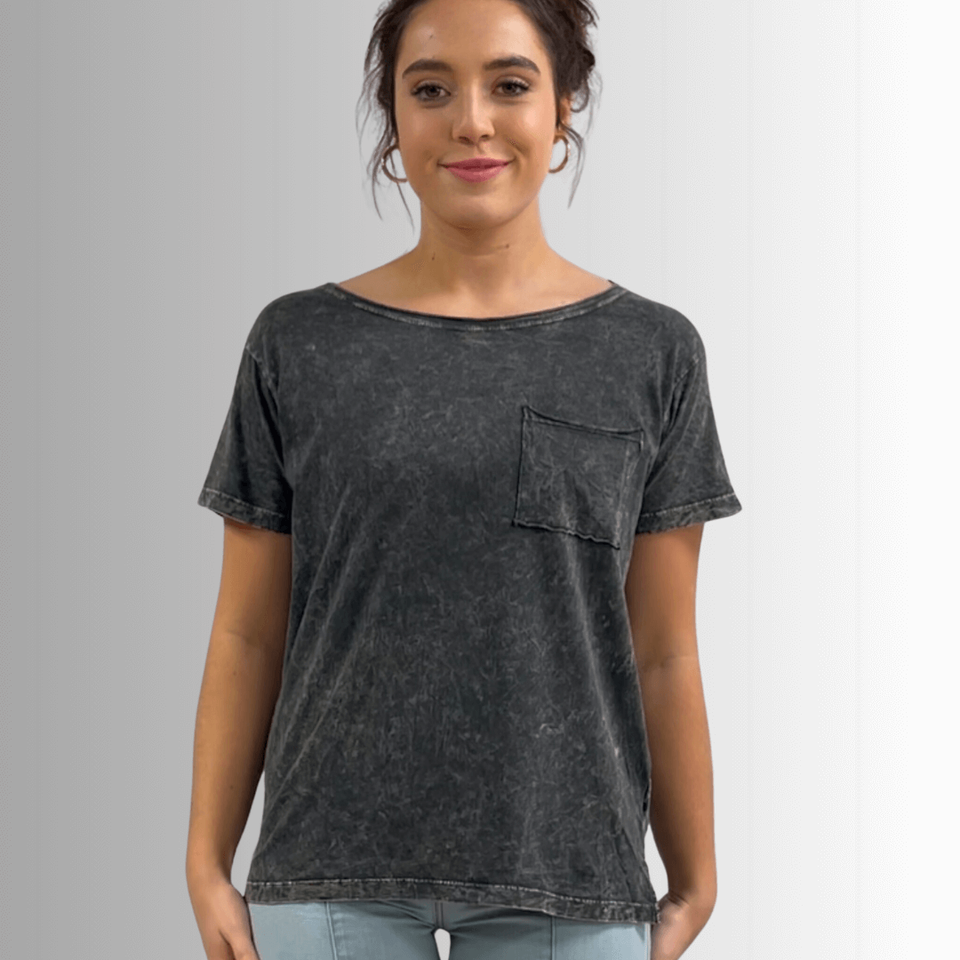 Made in USA, Jessie Tee, Women's Relaxed Fit Cotton Mineral Washed Pocket T-Shirt in Charcoal Black with Wide Round Neckline | Classy Cozy Cool Made in America Boutique 