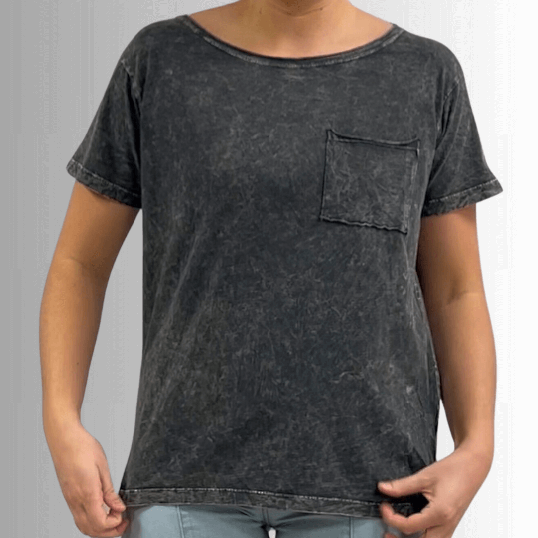 Made in USA, Jessie Tee, Women's Relaxed Fit Cotton Mineral Washed Pocket T-Shirt in Charcoal Black with Wide Round Neckline | Classy Cozy Cool Made in America Boutique 