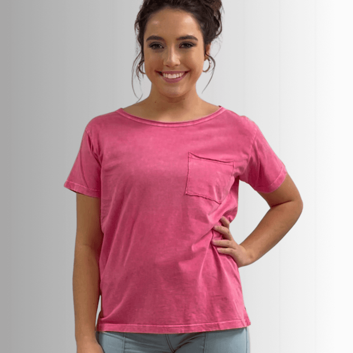 Made in USA, Jessie Tee, Women's Relaxed Fit Cotton Mineral Washed Pocket T-Shirt in Fuchsia with Wide Round Neckline | Classy Cozy Cool Made in America Boutique 