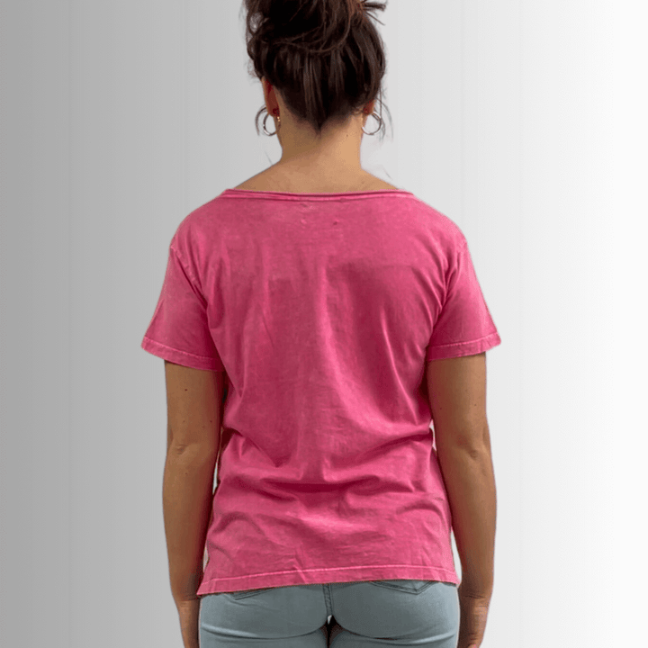 Made in USA, Jessie Tee, Women's Relaxed Fit Cotton Mineral Washed Pocket T-Shirt in Fuchsia with Wide Round Neckline | Classy Cozy Cool Made in America Boutique 