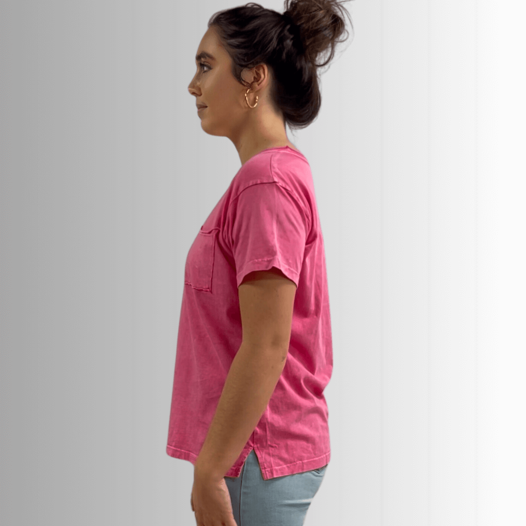 Made in USA, Jessie Tee, Women's Relaxed Fit Cotton Mineral Washed Pocket T-Shirt in Fuchsia with Wide Round Neckline | Classy Cozy Cool Made in America Boutique 