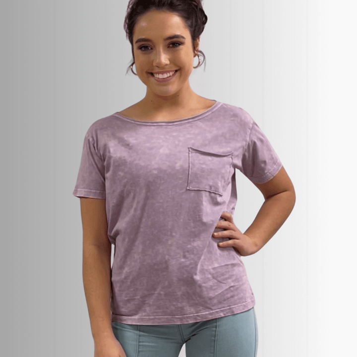 Made in USA, Jessie Tee, Women's Relaxed Fit Cotton Mineral Washed Pocket T-Shirt in Lavender with Wide Round Neckline | Classy Cozy Cool Made in America Boutique 