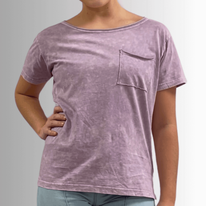 Made in USA, Jessie Tee, Women's Relaxed Fit Cotton Mineral Washed Pocket T-Shirt in Lavender with Wide Round Neckline | Classy Cozy Cool Made in America Boutique 