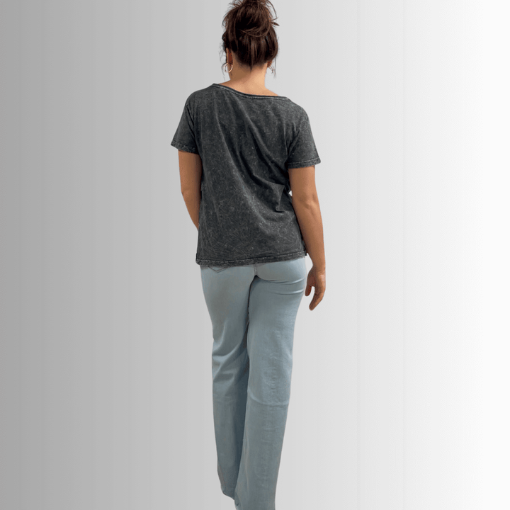 Made in USA, Jessie Tee, Women's Relaxed Fit Cotton Mineral Washed Pocket T-Shirt in Charcoal Black with Wide Round Neckline | Classy Cozy Cool Made in America Boutique 