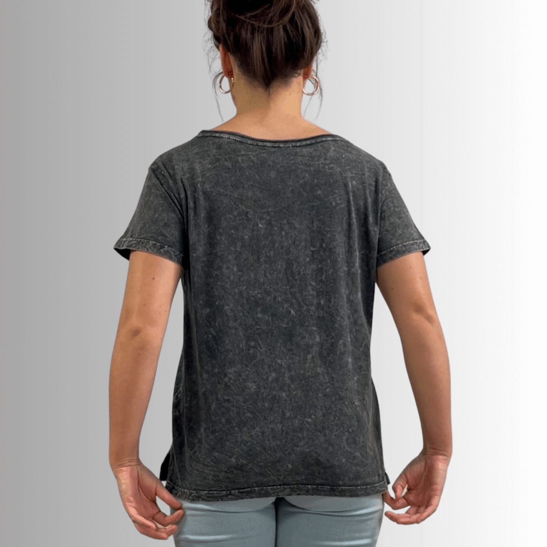 Made in USA, Jessie Tee, Women's Relaxed Fit Cotton Mineral Washed Pocket T-Shirt in Charcoal Black with Wide Round Neckline | Classy Cozy Cool Made in America Boutique 