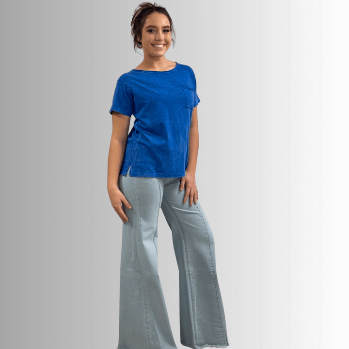 Made in USA, Jessie Tee, Women's Relaxed Fit Cotton Mineral Washed Pocket T-Shirt in Royal Blue with Wide Round Neckline | Classy Cozy Cool Made in America Boutique 