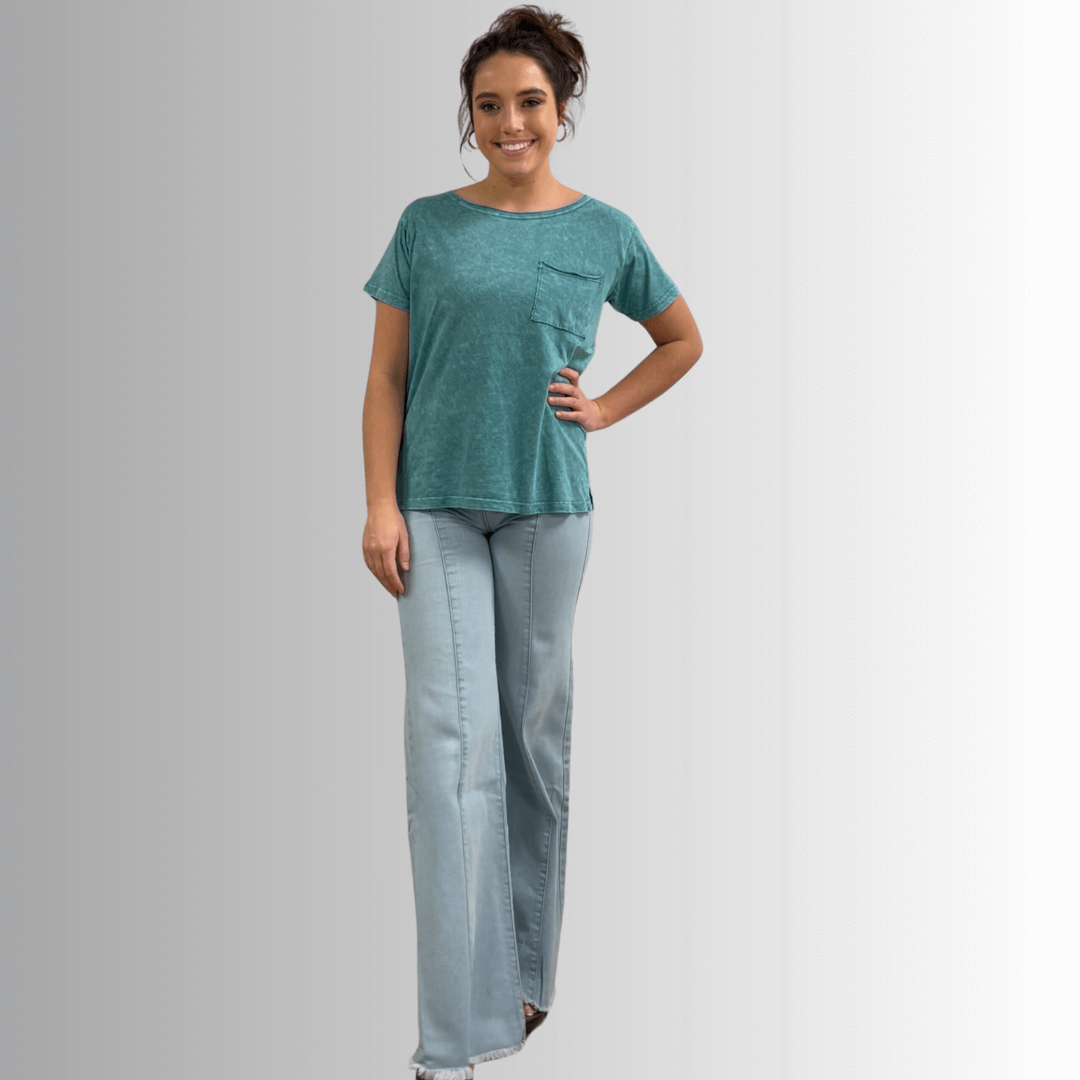 Made in USA, Jessie Tee, Women's Relaxed Fit Cotton Mineral Washed Pocket T-Shirt in Teal with Wide Round Neckline | Classy Cozy Cool Made in America Boutique 