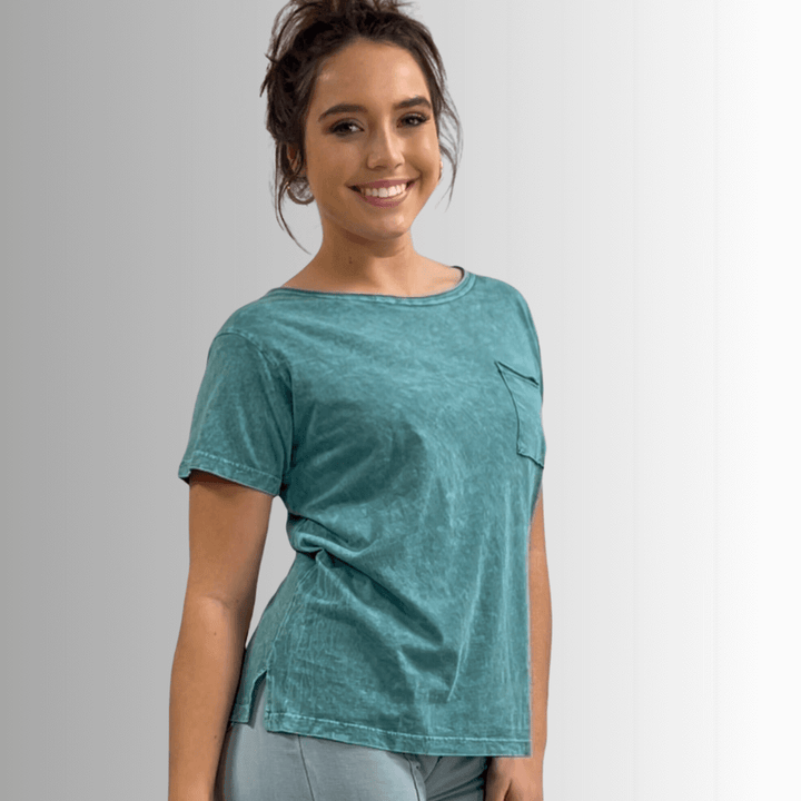 Made in USA, Jessie Tee, Women's Relaxed Fit Cotton Mineral Washed Pocket T-Shirt in Teal with Wide Round Neckline | Classy Cozy Cool Made in America Boutique 