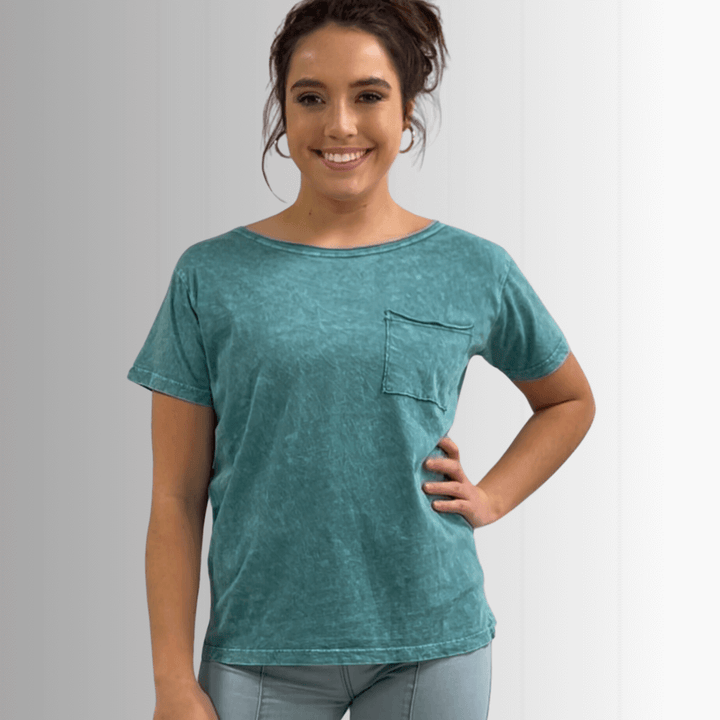 Made in USA, Jessie Tee, Women's Relaxed Fit Cotton Mineral Washed Pocket T-Shirt in Teal with Wide Round Neckline | Classy Cozy Cool Made in America Boutique 