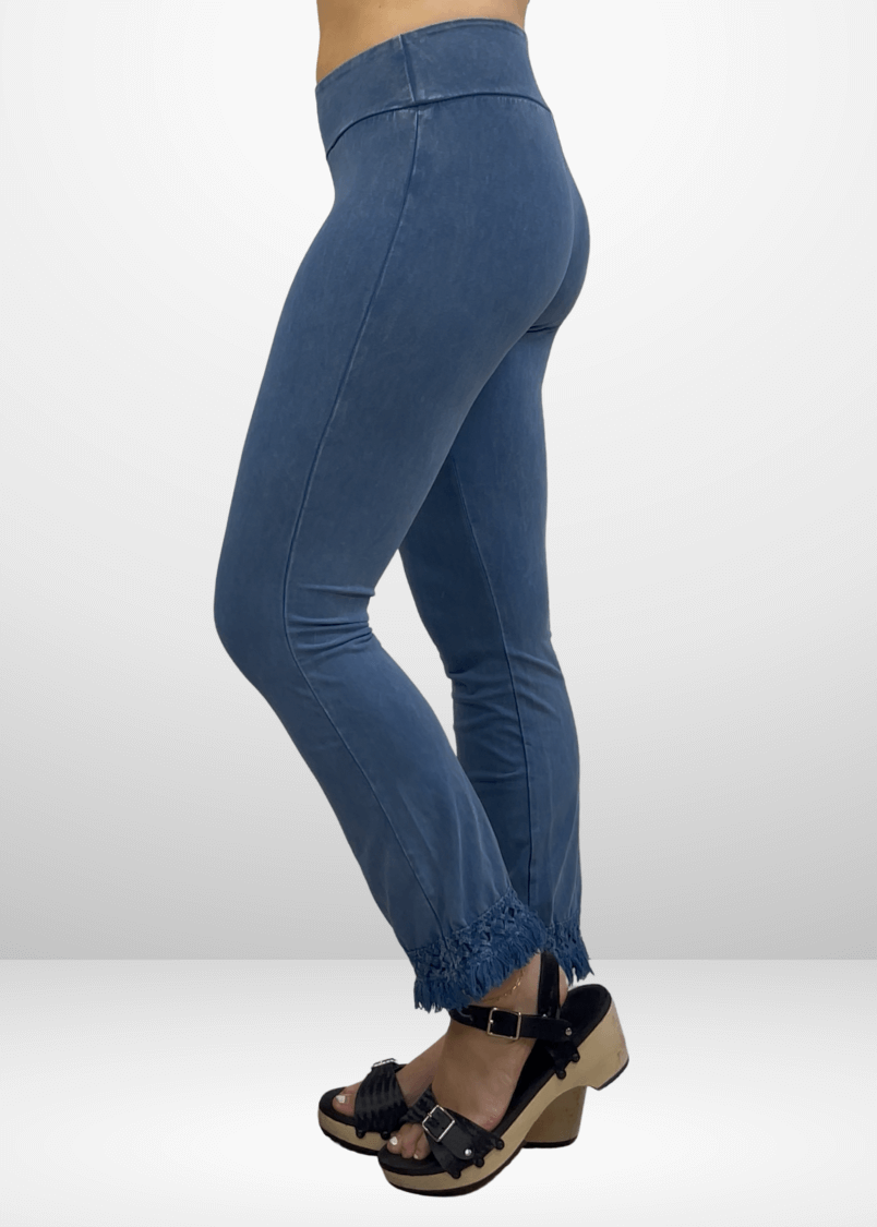 USA Made Women's Misses Mineral Washed Cotton Cropped Straight Leg Pants Jeggings with Crochet Fringed Hem  | P30374 | Classy Cozy Cool Made in USA Boutique 