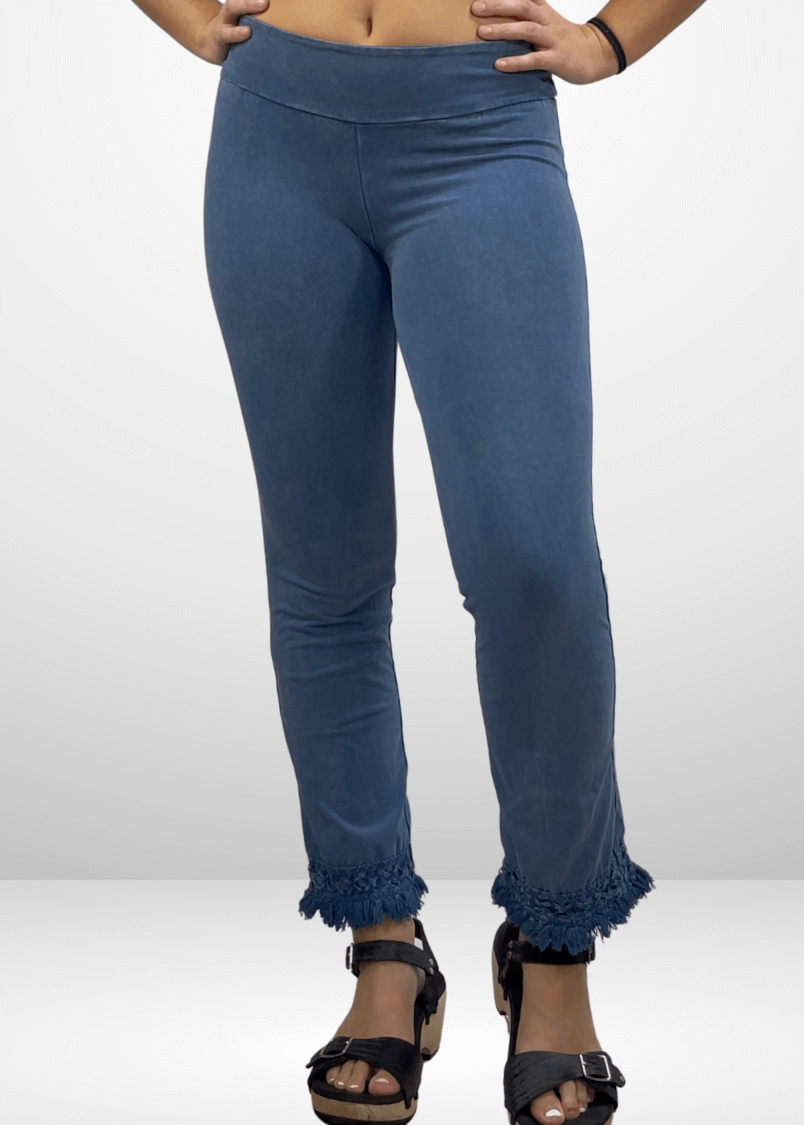 USA Made Women's Misses Mineral Washed Cotton Cropped Straight Leg Pants Jeggings with Crochet Fringed Hem  | P30374 | Classy Cozy Cool Made in USA Boutique 