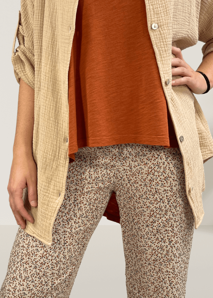 Made in USA Women's Taupe Floral Relaxed Fit Jogger Style Pants | Bucket List Clothing Style# P5074 Dark Green and Gingerbread Floral Accents