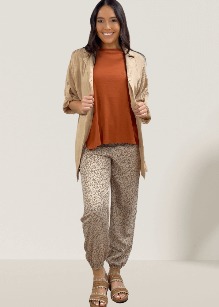 Made in USA Women's Taupe Floral Relaxed Fit Jogger Style Pants | Bucket List Clothing Style# P5074 Dark Green and Gingerbread Floral Accents