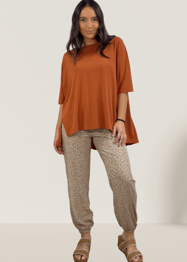 Made in USA Women's Taupe Floral Relaxed Fit Jogger Style Pants | Bucket List Clothing Style# P5074 Dark Green and Gingerbread Floral Accents