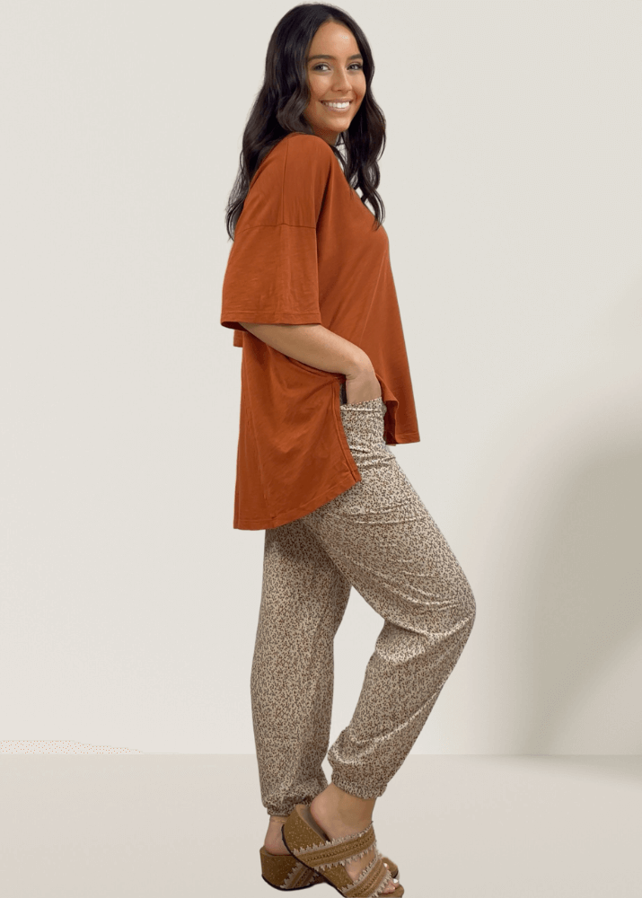 Made in USA Women's Taupe Floral Relaxed Fit Jogger Style Pants | Bucket List Clothing Style# P5074 Dark Green and Gingerbread Floral Accents