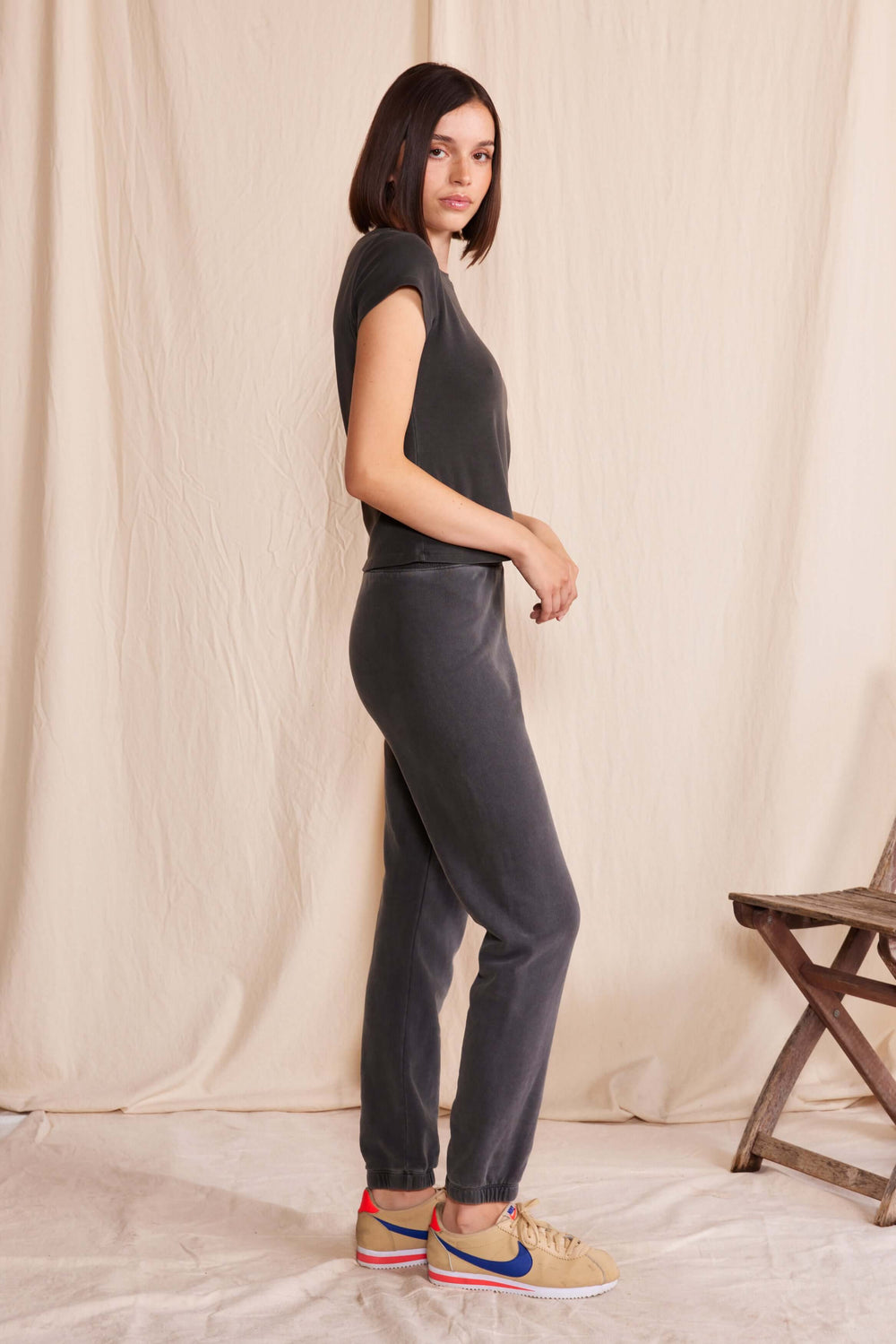 The Essential Sweatpants by People of Leisure — 100% upcycled cotton, sleek modern fit in Vintage Black. Made in LA. Sizes XS–XL