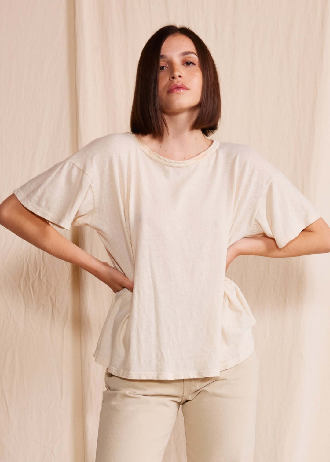 The Easy Tee by People of Leisure — relaxed fit, 50% recycled & 50% organic cotton. Ecru, Light Pink & Desert Rose. Made in USA. Sizes XS–XL. Made in USA