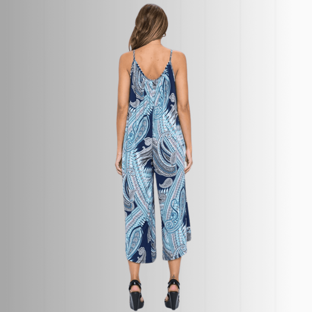 Women's  Blue Paisley Wide Leg Cropped Summer Jumpsuit  Romper  | Made in USA | Classy Cozy Cool Made in America Boutique