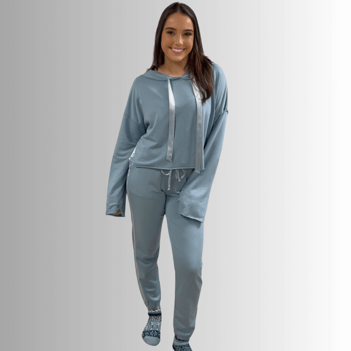 Made in USA PJ Harlow Bianca Premium Women's Loungewear Cropped Length Hoodie in Light Blue,  Super Soft Cotton Blend with Satin Finish | Classy Cozy Cool Made in America Boutique