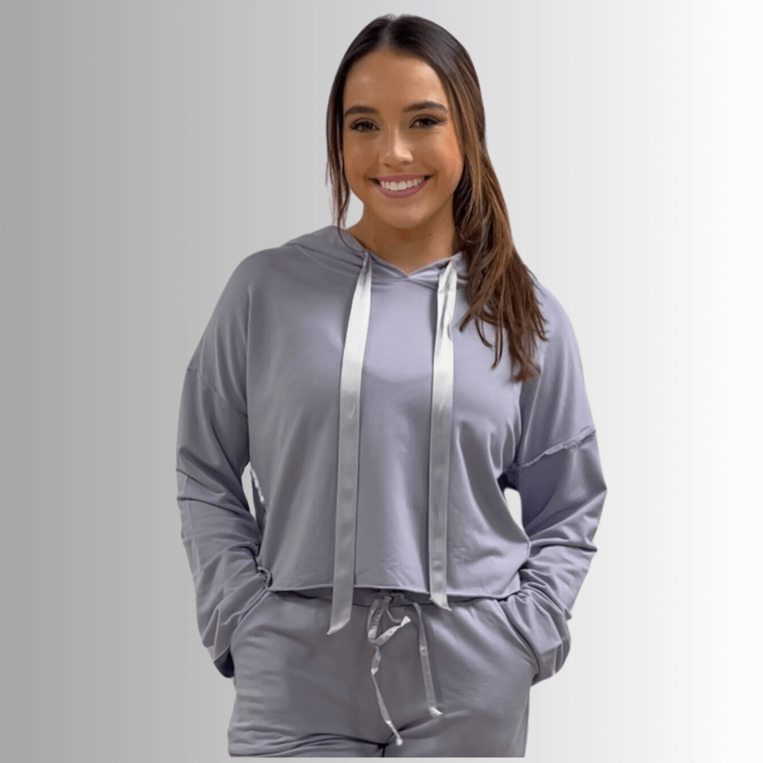 Made in USA PJ Harlow Bianca Premium Women's Loungewear Cropped Length Hoodie in Light Lavender,  Super Soft Cotton Blend with Satin Finish | Classy Cozy Cool Made in America Boutique