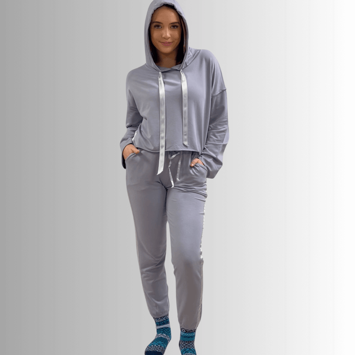 Made in USA PJ Harlow Bianca Premium Women's Loungewear Cropped Length Hoodie in Light Lavender,  Super Soft Cotton Blend with Satin Finish | Classy Cozy Cool Made in America Boutique