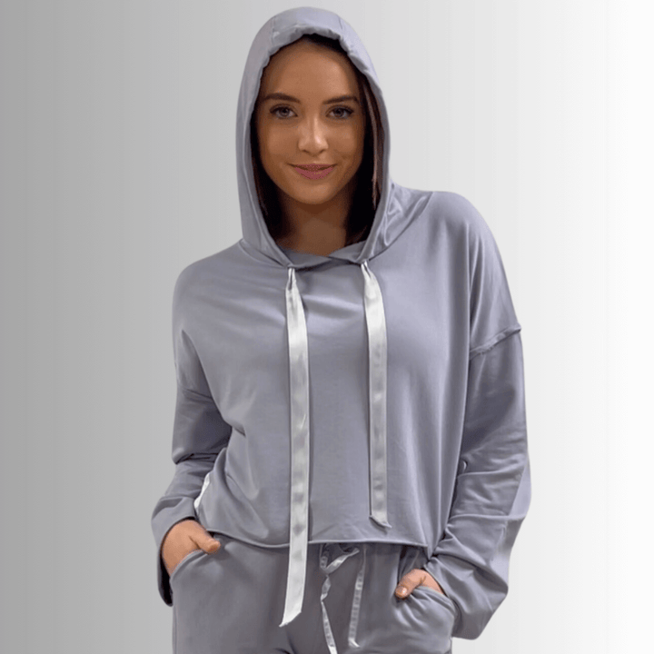 Made in USA PJ Harlow Bianca Premium Women's Loungewear Cropped Length Hoodie in Light Lavender,  Super Soft Cotton Blend with Satin Finish | Classy Cozy Cool Made in America Boutique