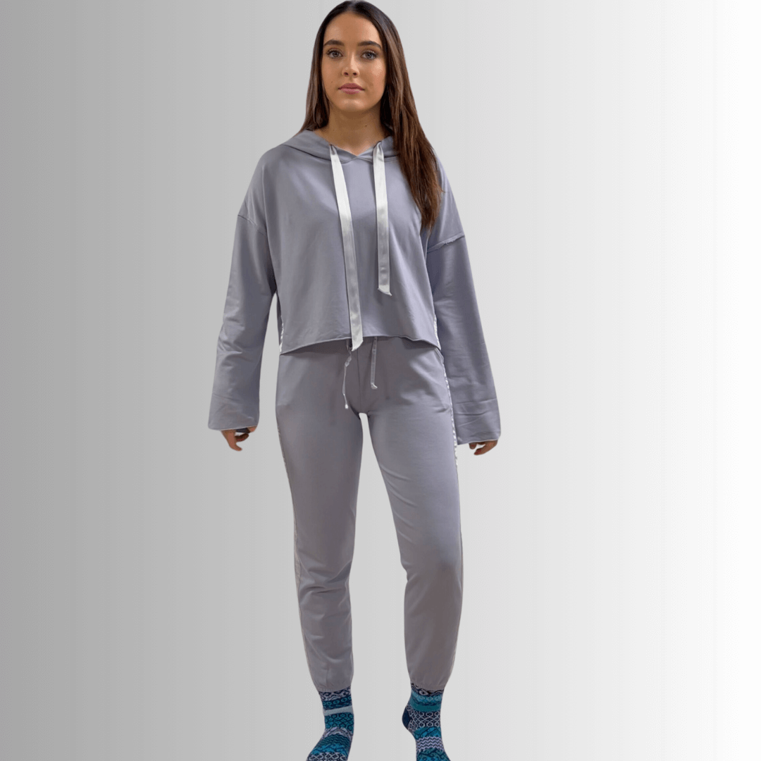 Made in USA PJ Harlow Bianca Premium Women's Loungewear Cropped Length Hoodie in Light Lavender,  Super Soft Cotton Blend with Satin Finish | Classy Cozy Cool Made in America Boutique