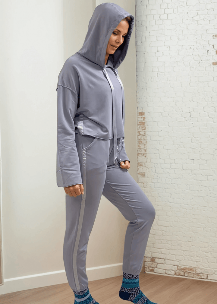 Made in USA PJ Harlow Blair Premium Women's Loungewear Jogger Set with Hoodie in Light Lavender, Super Soft Cotton Blend with Satin Finish | Classy Cozy Cool Made in America Boutique