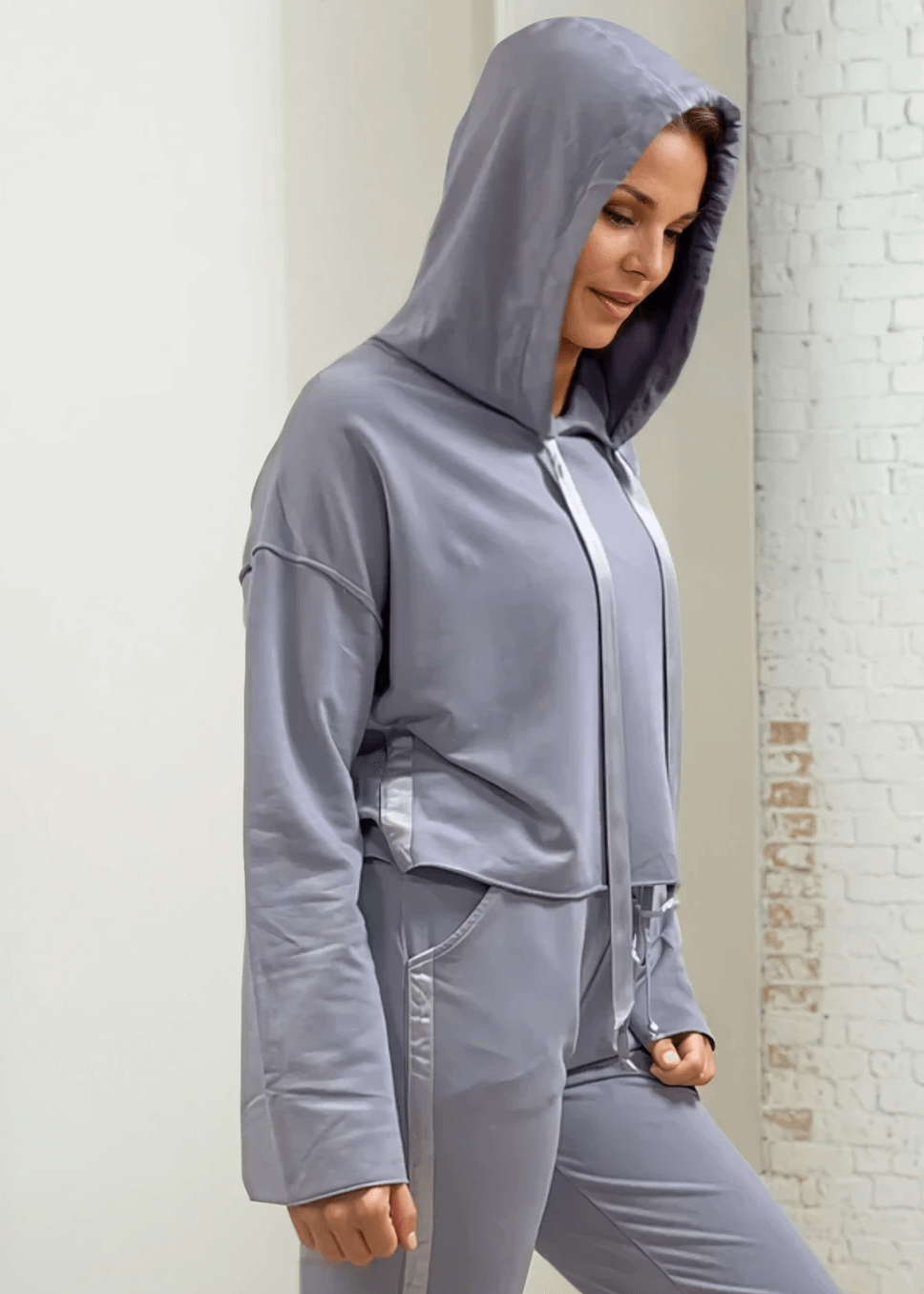 Made in USA PJ Harlow Blair Premium Women's Loungewear Jogger Set with Hoodie in Light Lavender, Super Soft Cotton Blend with Satin Finish | Classy Cozy Cool Made in America Boutique