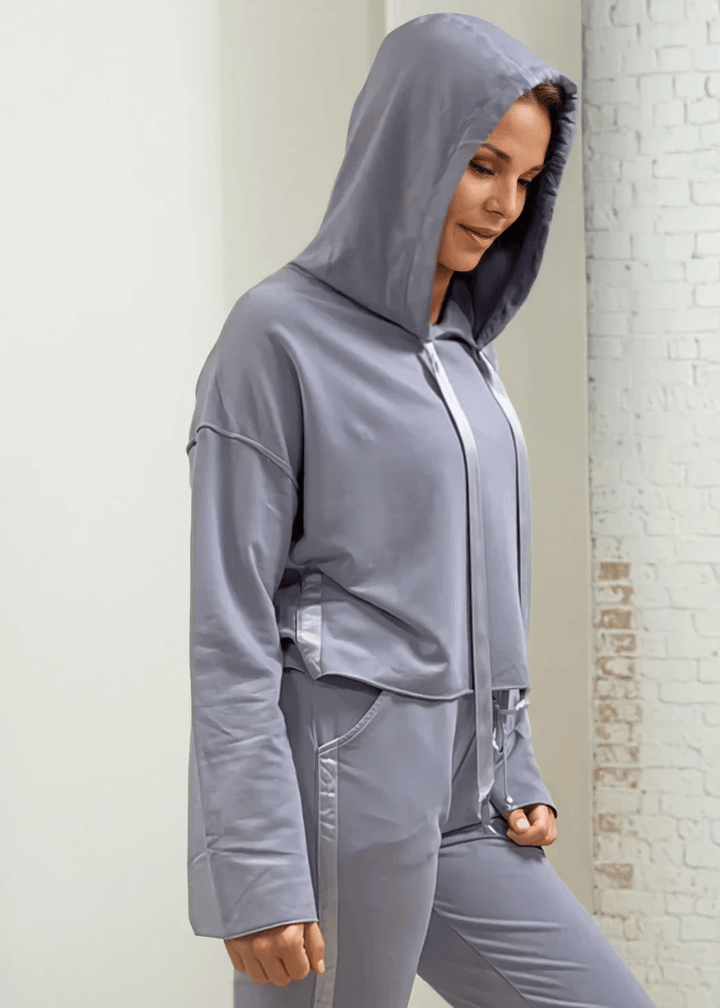 Made in USA PJ Harlow Blair Premium Women's Loungewear Jogger Set with Hoodie in Light Lavender, Super Soft Cotton Blend with Satin Finish | Classy Cozy Cool Made in America Boutique