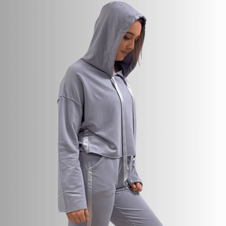 Made in USA PJ Harlow Bianca Premium Women's Loungewear Cropped Length Hoodie in Light Lavender,  Super Soft Cotton Blend with Satin Finish | Classy Cozy Cool Made in America Boutique