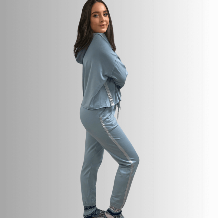 Made in USA PJ Harlow Blair Premium Women's Loungewear Joggers in Light Blue, Super Soft Cotton Blend with Satin Finish | Classy Cozy Cool Made in America Boutique